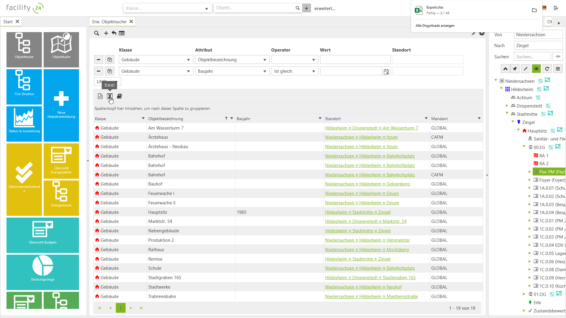 facility24 Screenshot Objektmanagement Excel-Export